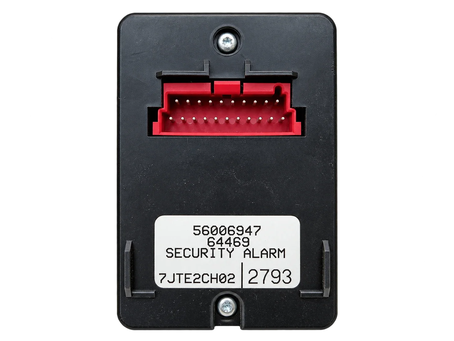 Módulo de alarma Security Alarm 56006947, con conector rojo y etiqueta de identificación.