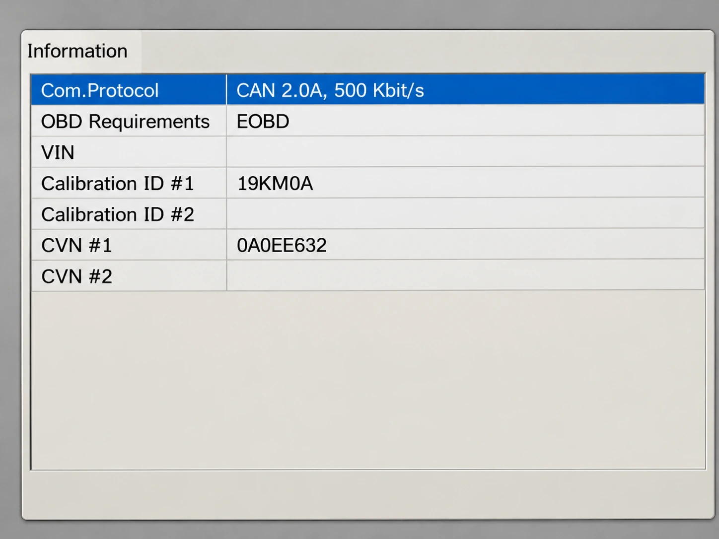 Información del escáner con Calibration ID 19KM0A antes de la programación.