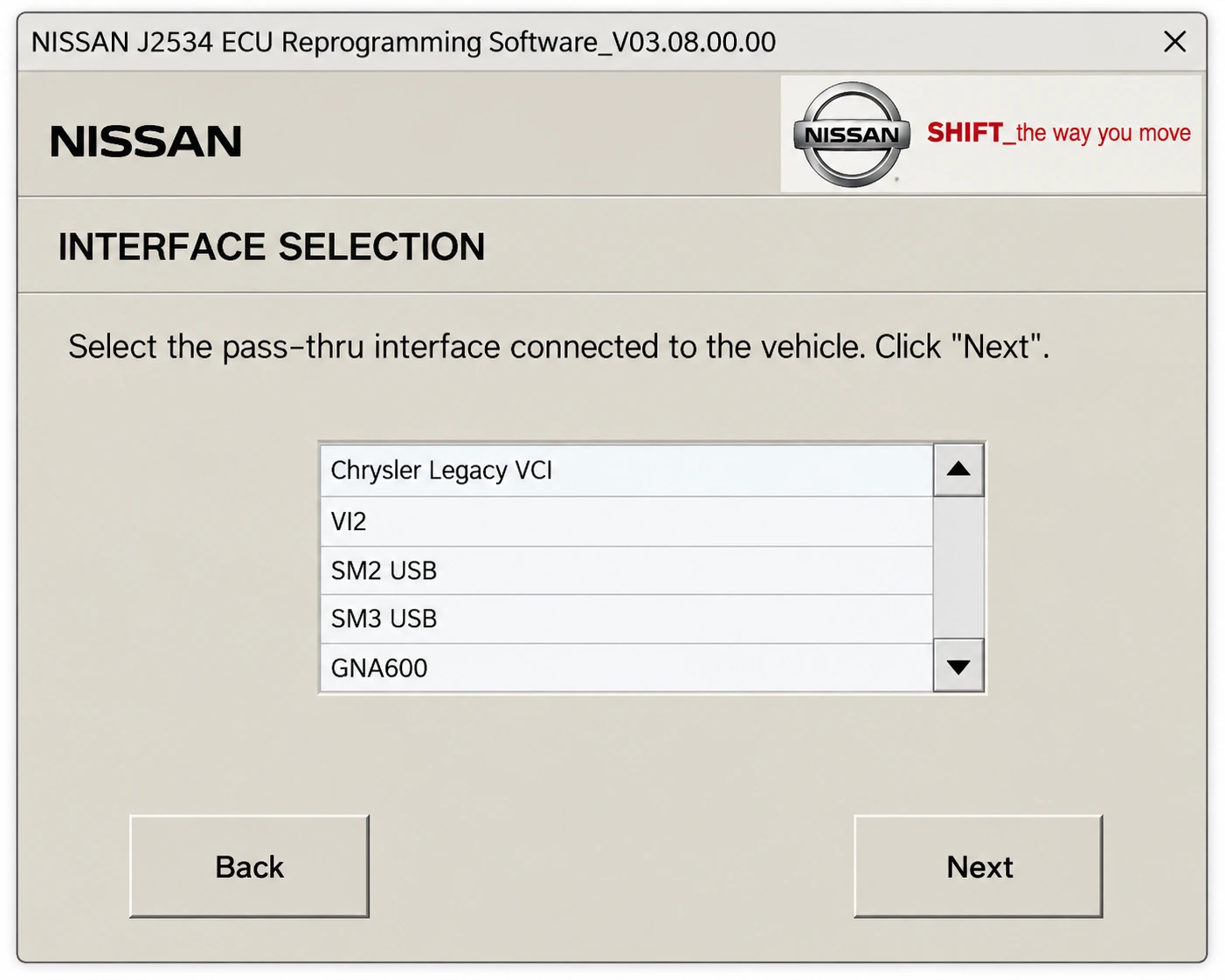 Selección de la interfaz J2534 utilizada con Nissan NERS.