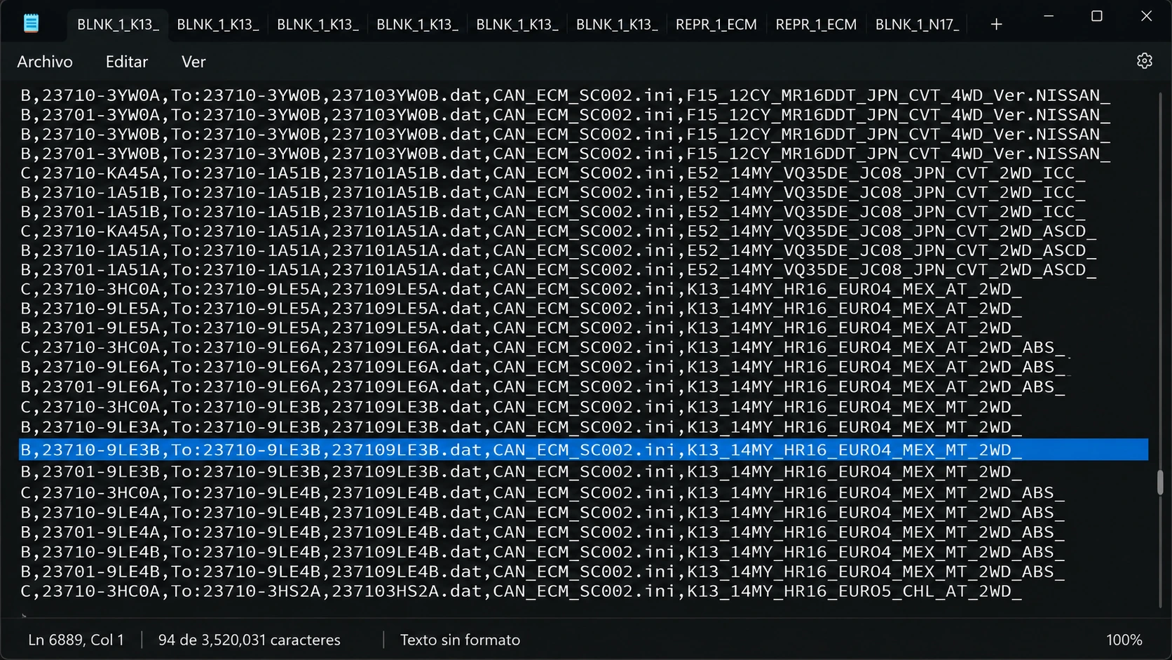 Lista de calibraciones utilizada para localizar la referencia 9LE3B.