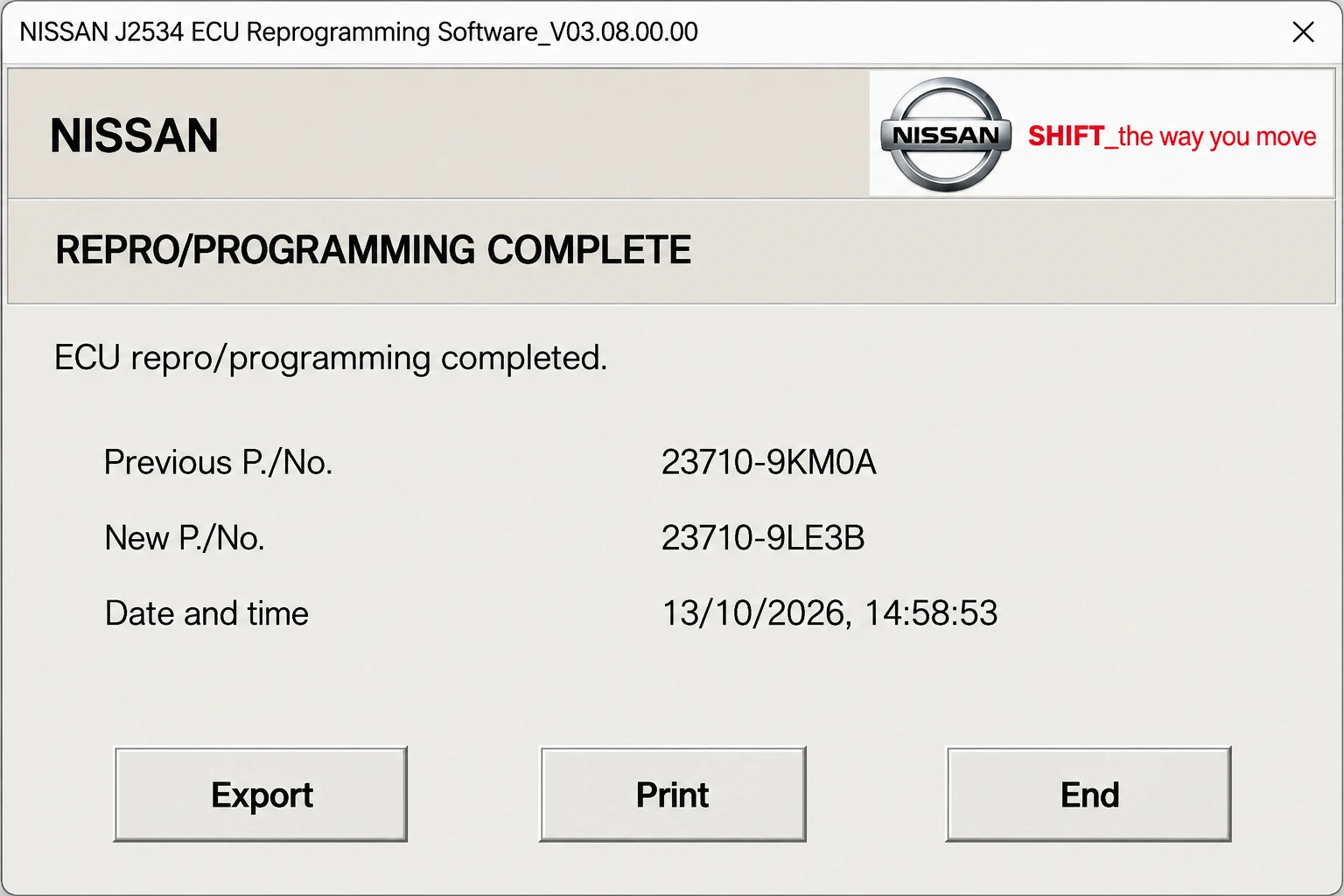 NERS muestra la programación completada, con referencia anterior 23710-9KM0A y nueva referencia 23710-9LE3B.
