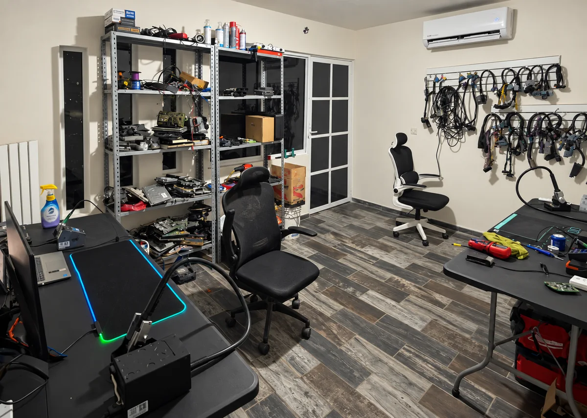 Interior del taller ELEAZ, con computadoras automotrices, mesas de trabajo y arneses de diagnóstico